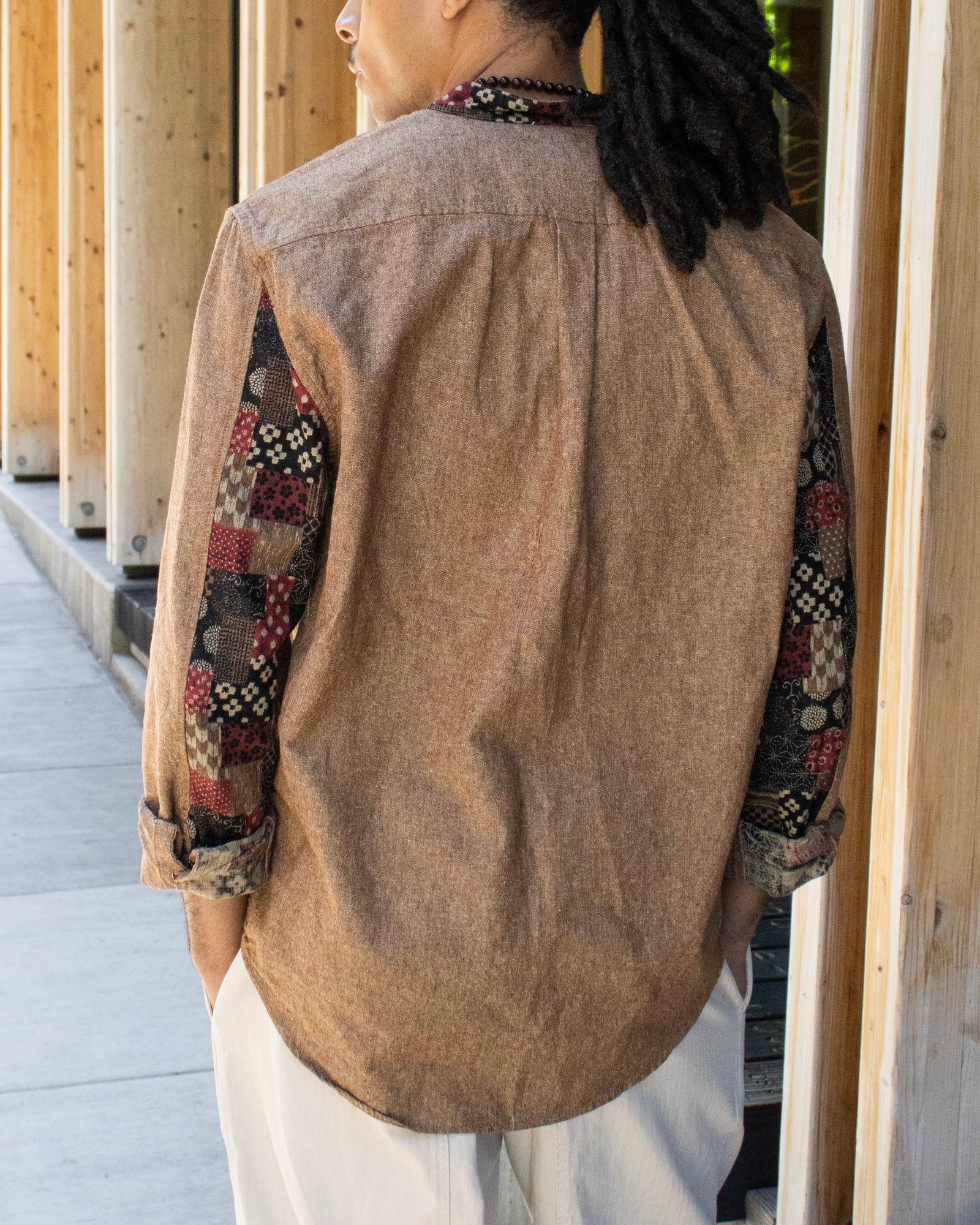 Kiriko Original Shirt, Long Sleeve Button-Up, Oversized Mandarin Collar, Amber Chambray with Azuki Patchwork Style