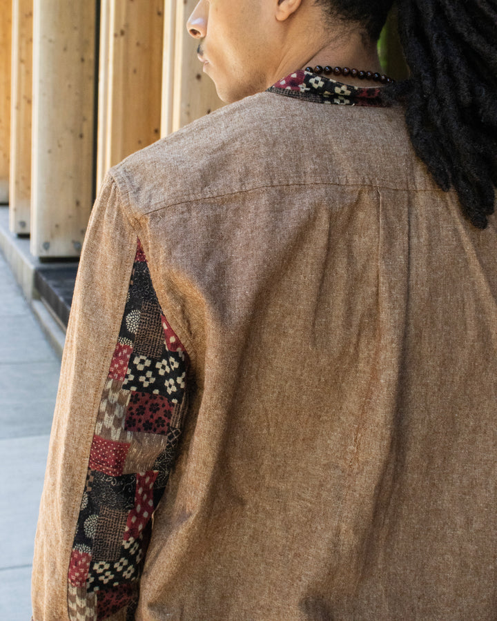 Kiriko Original Shirt, Long Sleeve Button-Up, Oversized Mandarin Collar, Amber Chambray with Azuki Patchwork Style