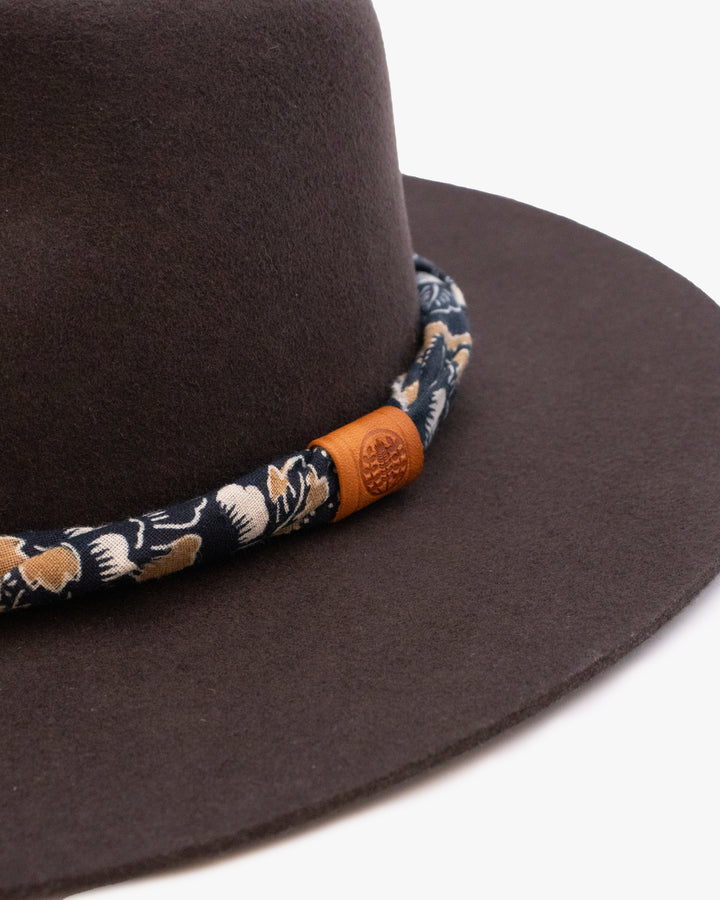 Kiriko Custom Hat, Brown Felt, Twisted Indigo Katazome Kiku