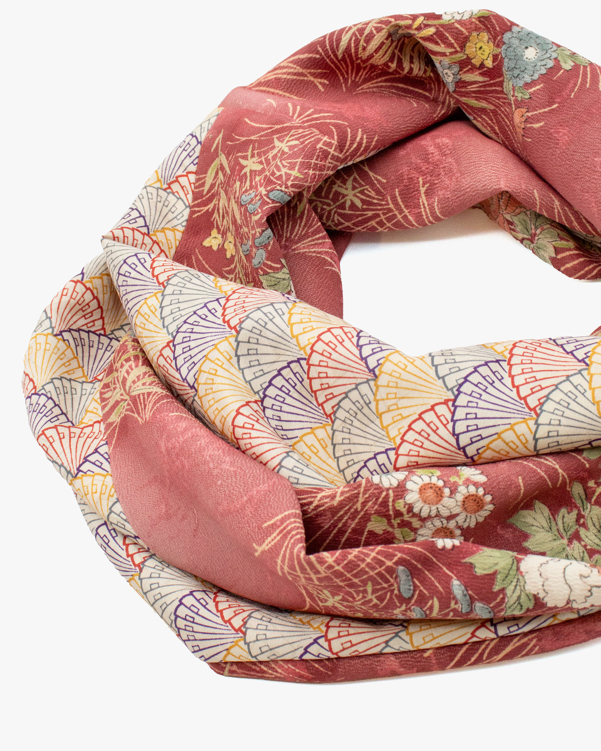 Kiriko Original Scarf, Infinity, Kimono, Deep Pink Floral and Multicolor Uchiwa