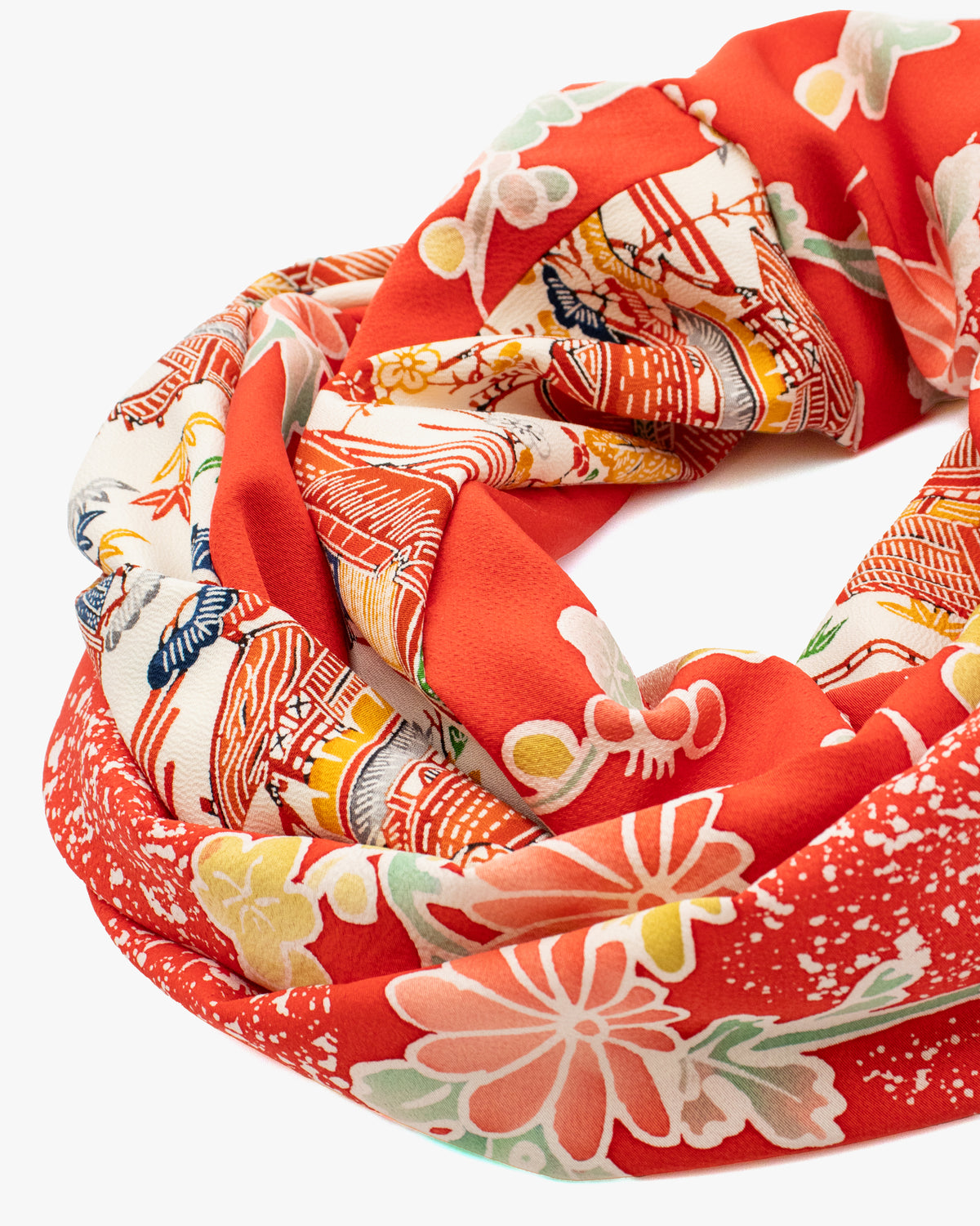Kiriko Original Scarf, Infinity, Kimono, Red Floral and Multicolor Scenery