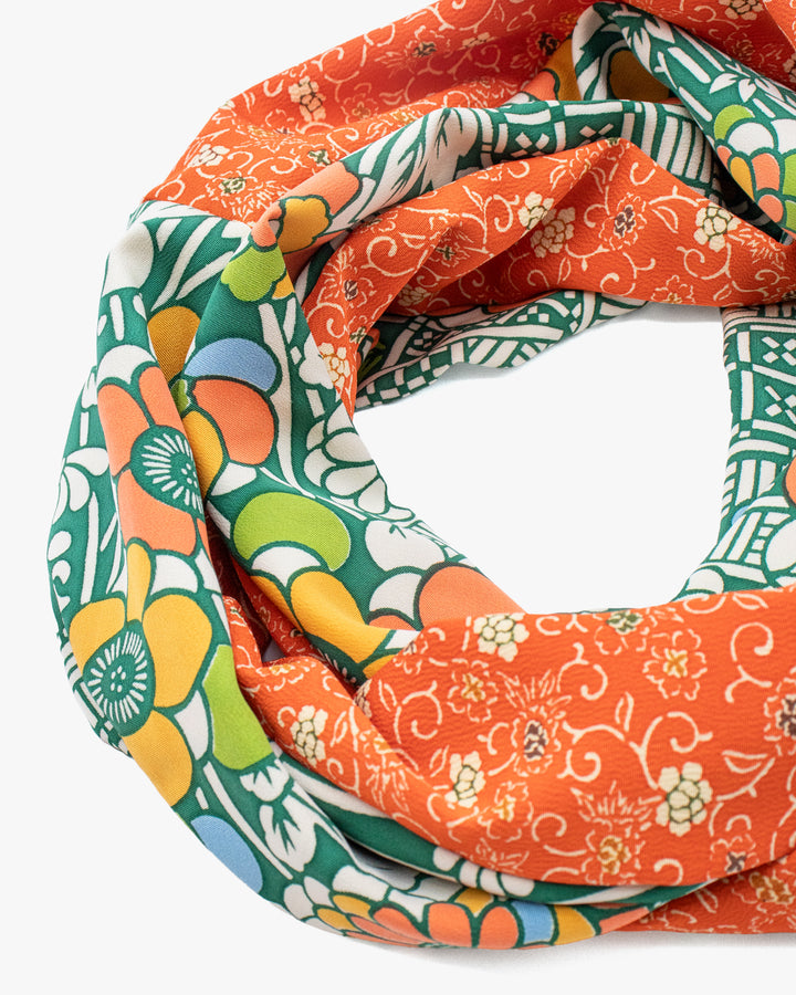 Kiriko Original Scarf, Infinity, Kimono, Orange and Green Floral with Multicolor Accents