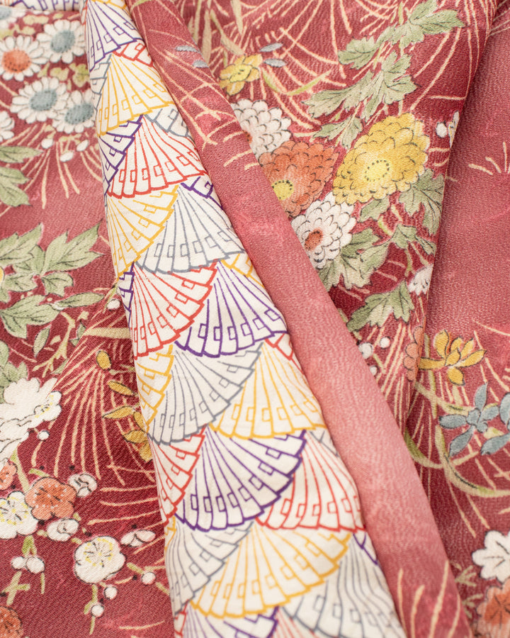 Kiriko Original Scarf, Infinity, Kimono, Deep Pink Floral and Multicolor Uchiwa