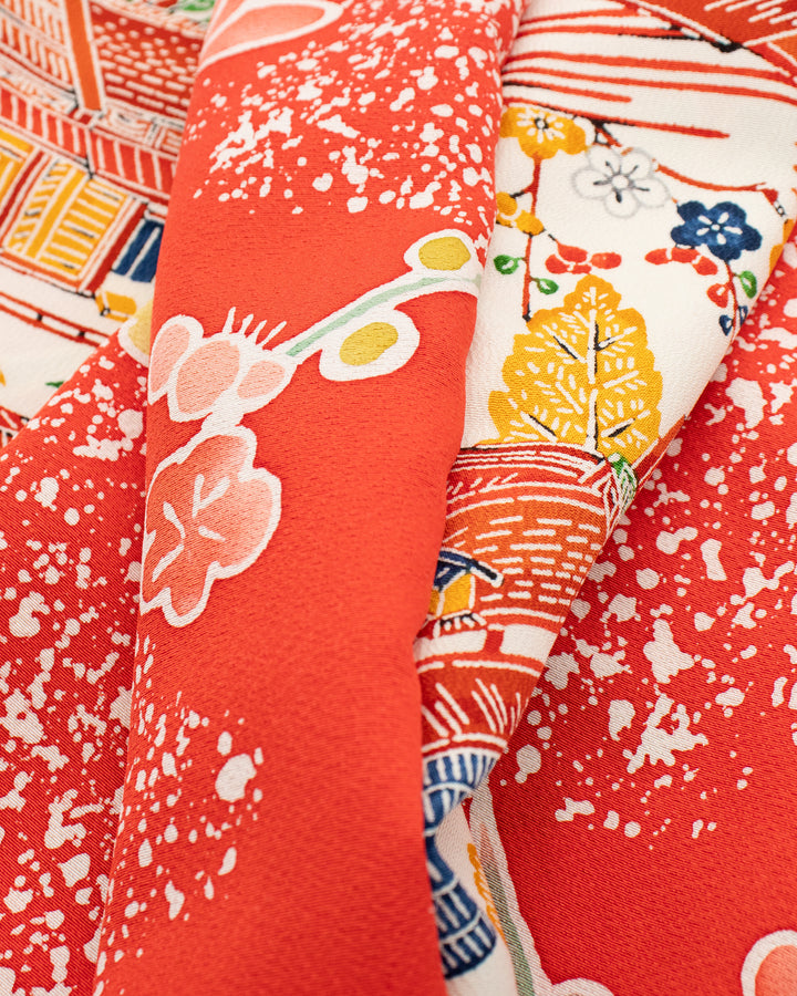Kiriko Original Scarf, Infinity, Kimono, Red Floral and Multicolor Scenery