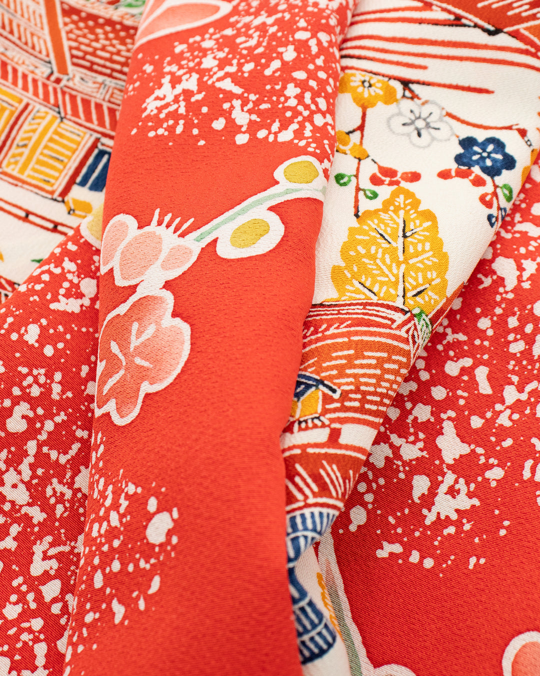 Kiriko Original Scarf, Infinity, Kimono, Red Floral and Multicolor Scenery