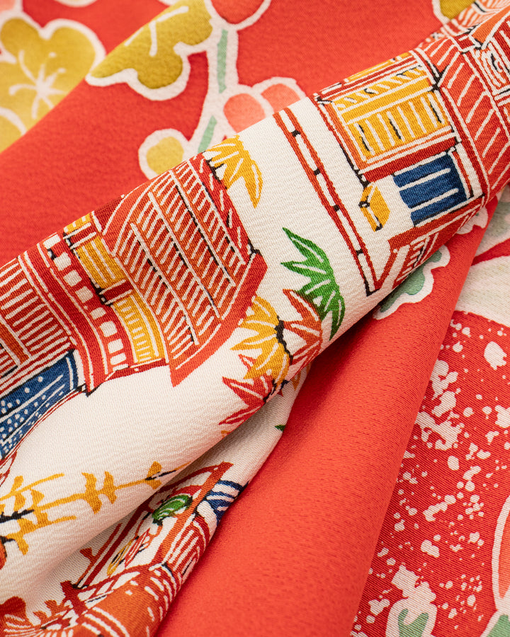 Kiriko Original Scarf, Infinity, Kimono, Red Floral and Multicolor Scenery