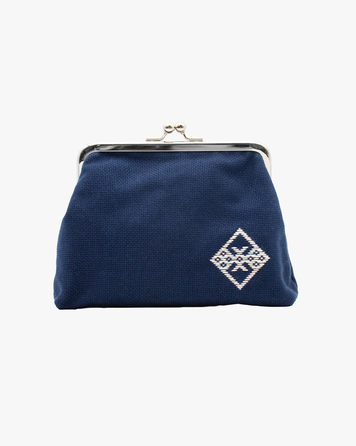 Kogin Sashiko Gamaguchi Pouch, Kind Offer, Navy with White