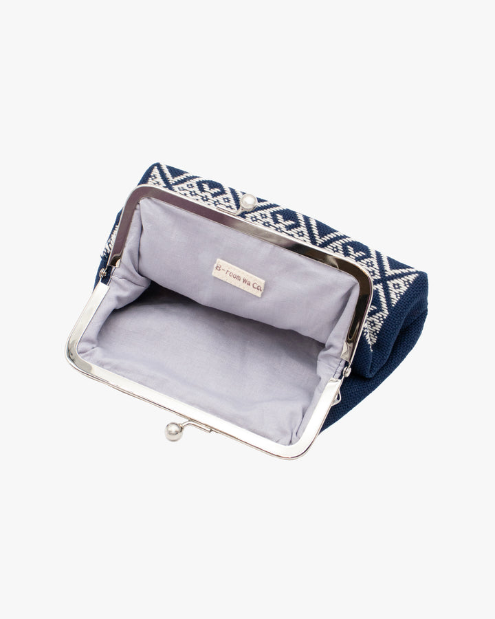 Kogin Sashiko Gamaguchi Pouch, Kind Offer, Navy with White
