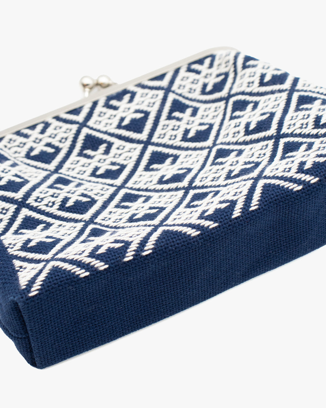 Kogin Sashiko Gamaguchi Pouch, Kind Offer, Navy with White