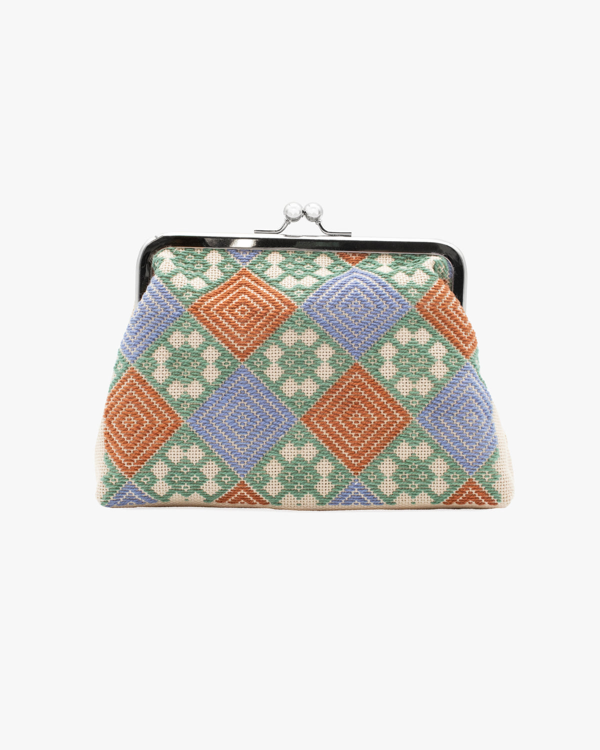 Kogin Sashiko Gamaguchi Pouch, Kind Offer, Cream with Orange, Green, and Blue
