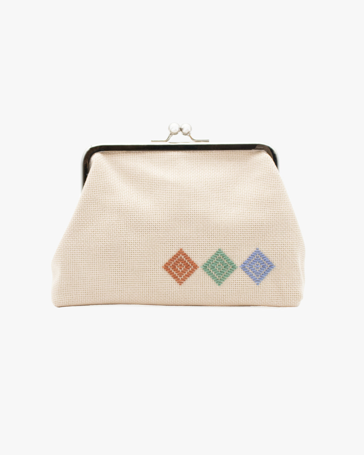 Kogin Sashiko Gamaguchi Pouch, Kind Offer, Cream with Orange, Green, and Blue