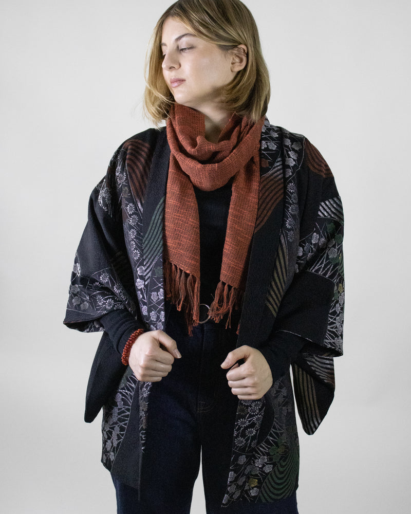 Vintage Haori Jacket, Black with Partially Embroidered Multicolor Blossoms and Waves