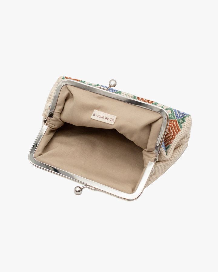Kogin Sashiko Gamaguchi Pouch, Kind Offer, Cream with Orange, Green, and Blue