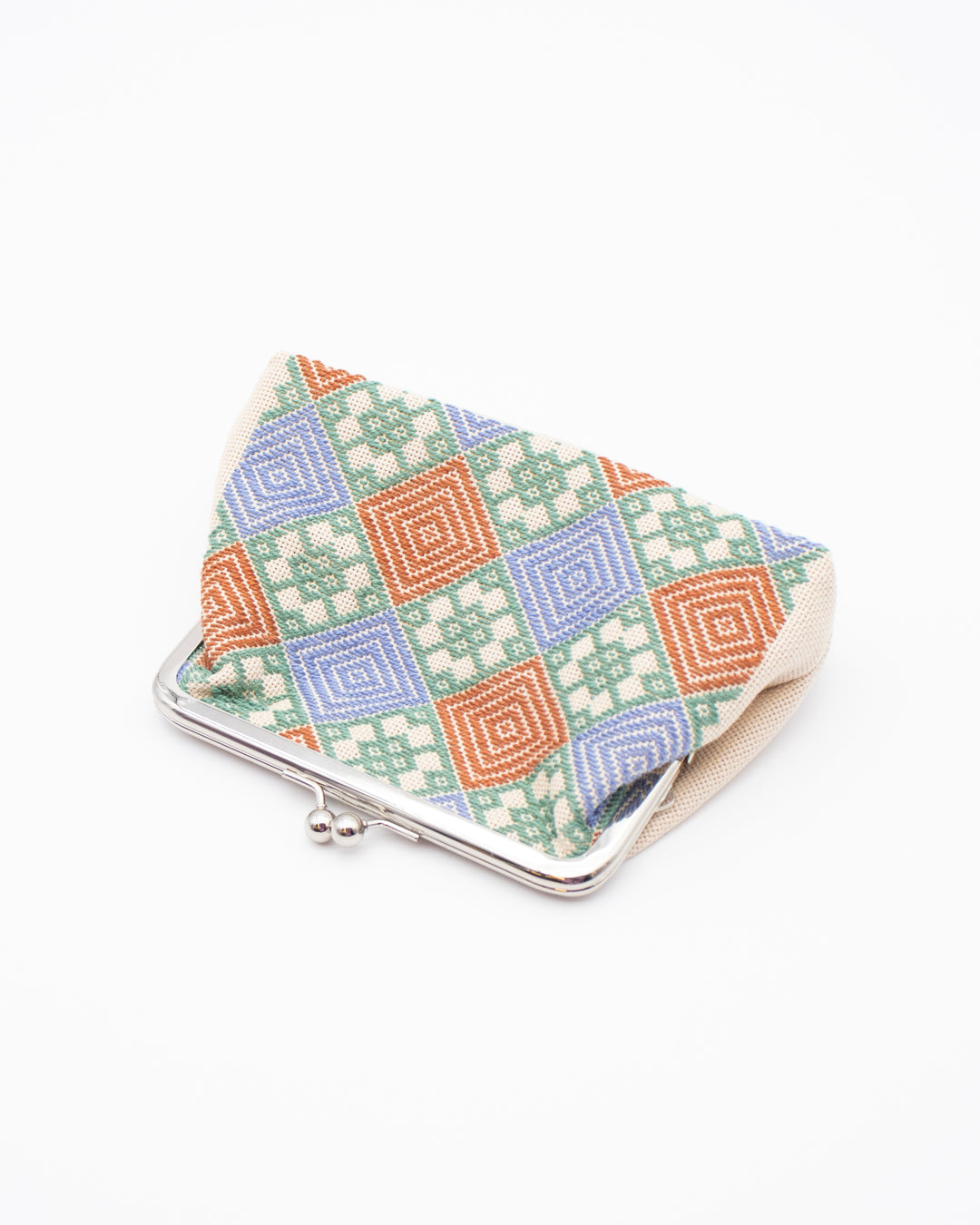 Kogin Sashiko Gamaguchi Pouch, Kind Offer, Cream with Orange, Green, and Blue