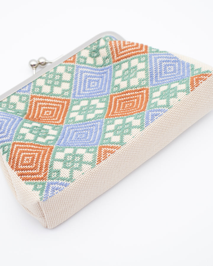 Kogin Sashiko Gamaguchi Pouch, Kind Offer, Cream with Orange, Green, and Blue