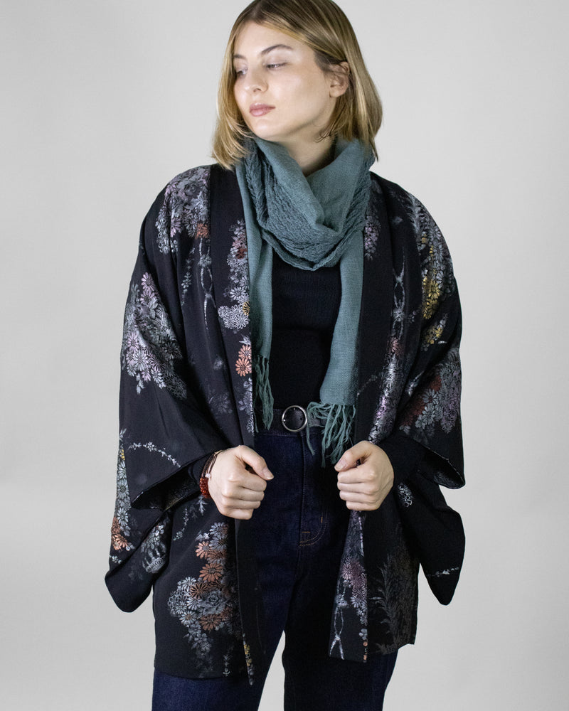Vintage Haori Jacket, Black with Partially Embroidered Silver and Multicolor Flowers