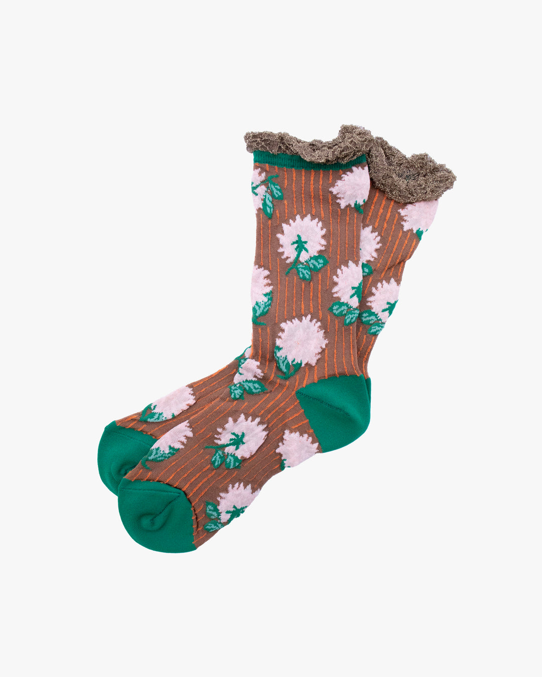 Debby Co. Crew Socks, Andeotte Collection,  Brown, Pink and Green Flowers