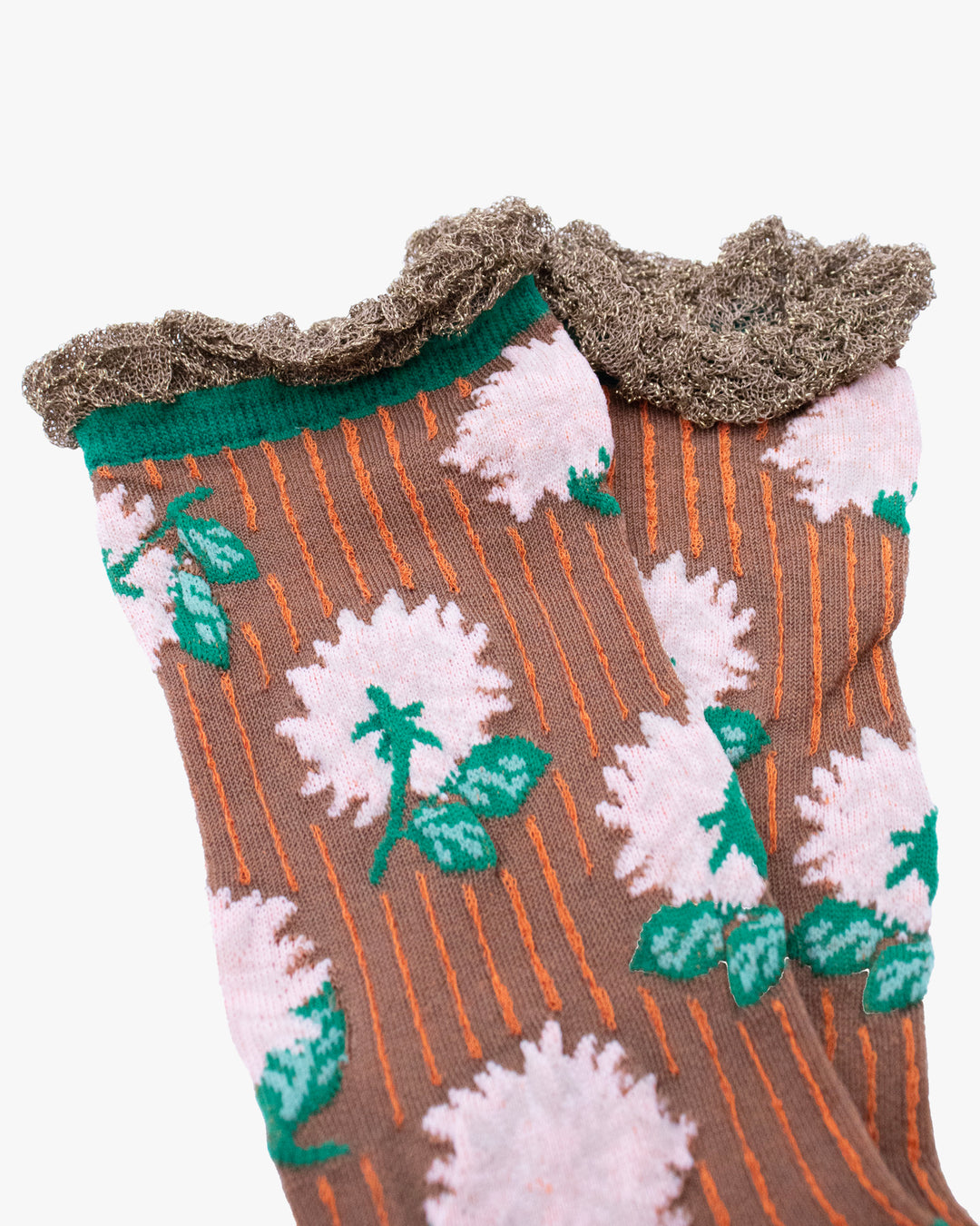 Debby Co. Crew Socks, Andeotte Collection,  Brown, Pink and Green Flowers