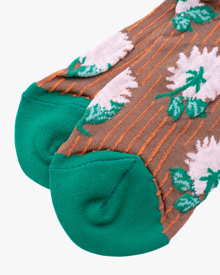 Debby Co. Crew Socks, Andeotte Collection,  Brown, Pink and Green Flowers