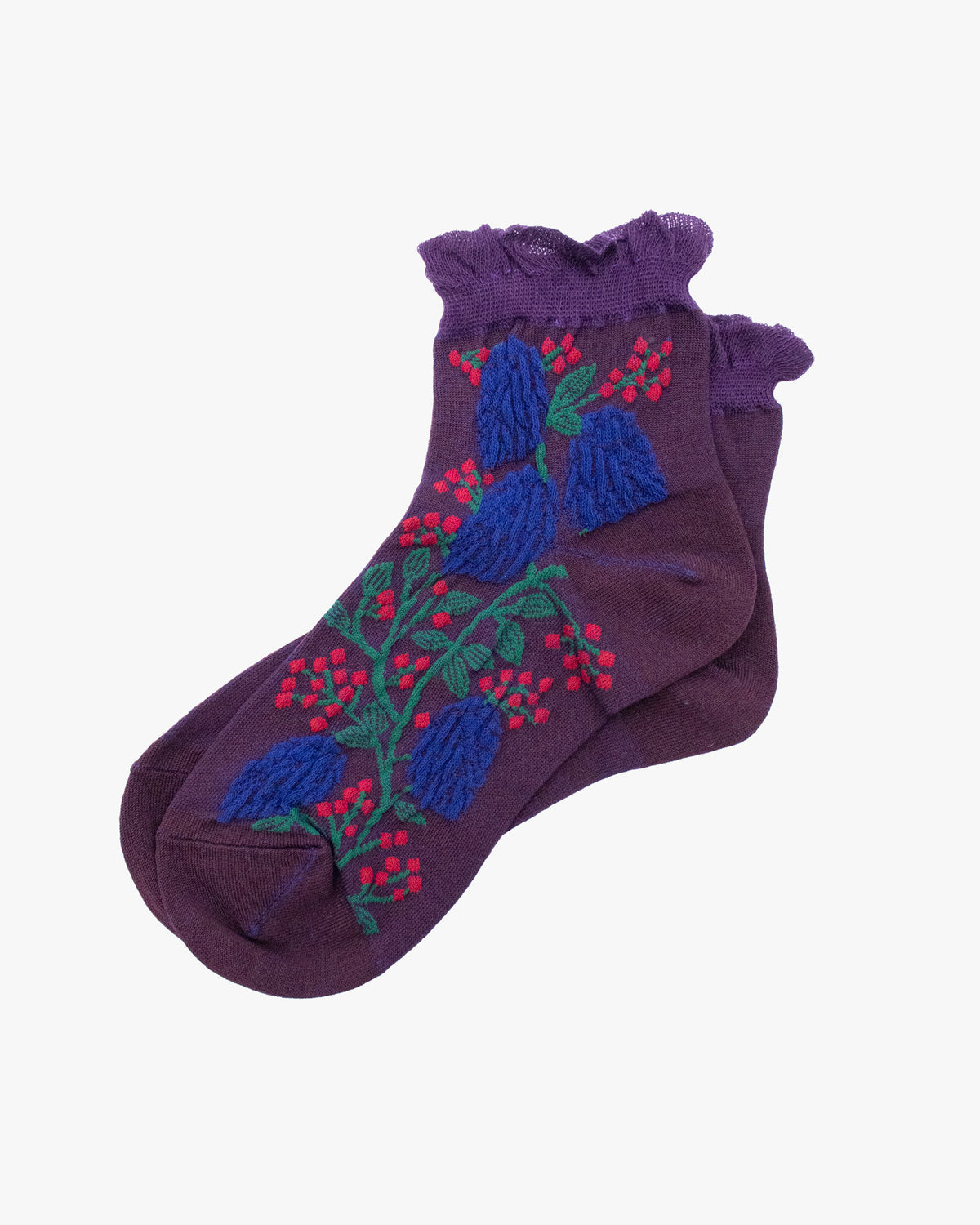 Debby Co. Crew Socks, Andeotte Collection,  Purple with Blue and Pink Flowers