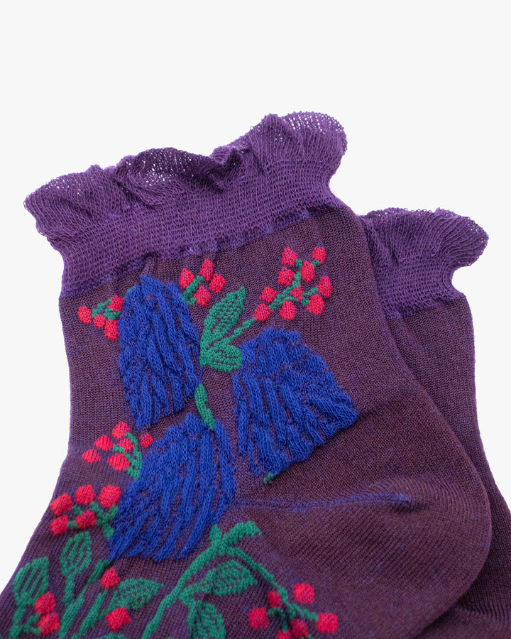 Debby Co. Crew Socks, Andeotte Collection,  Purple with Blue and Pink Flowers