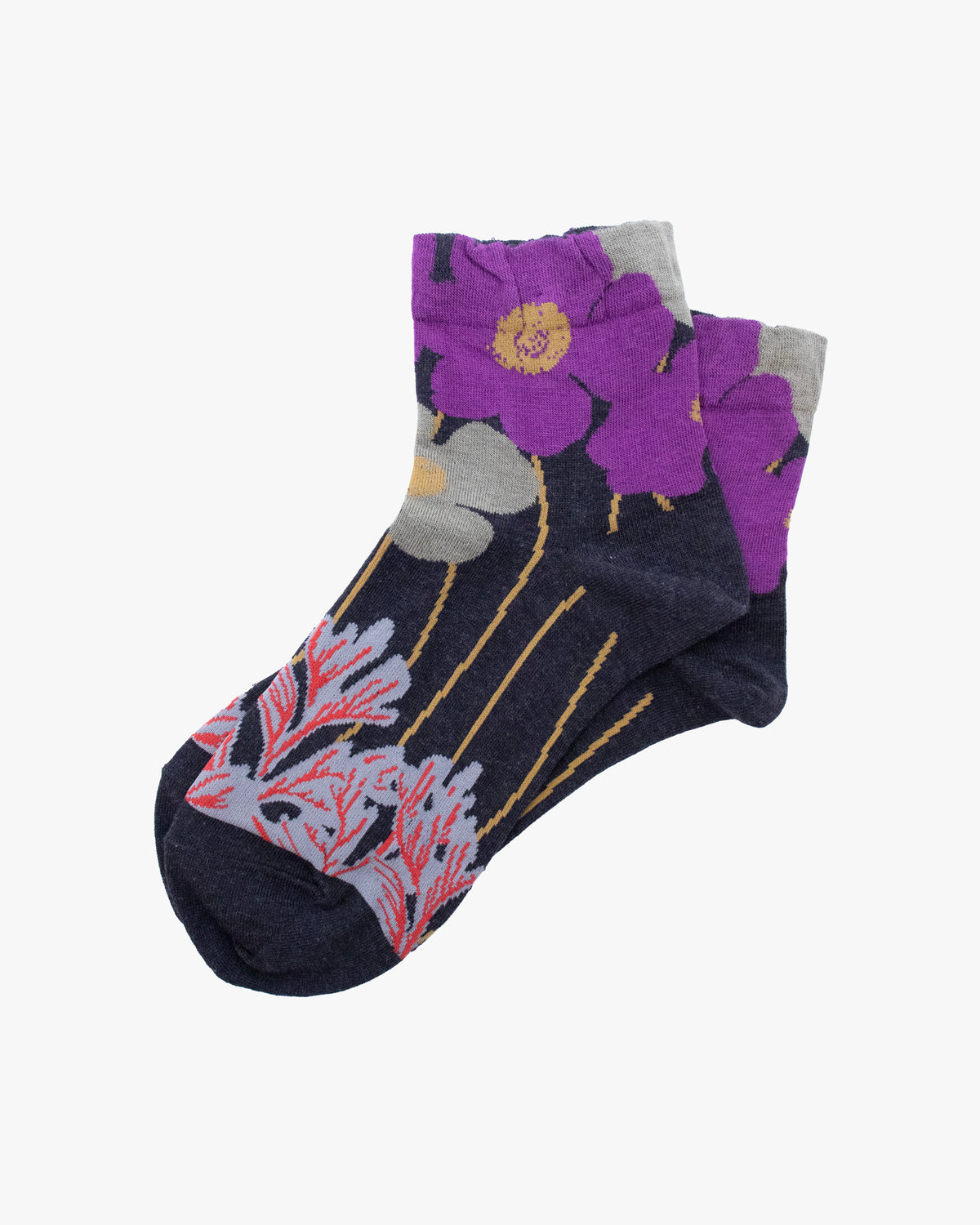 Debby Co. Crew Socks, Andeotte Collection,  Grey with Red and Purple Flowers