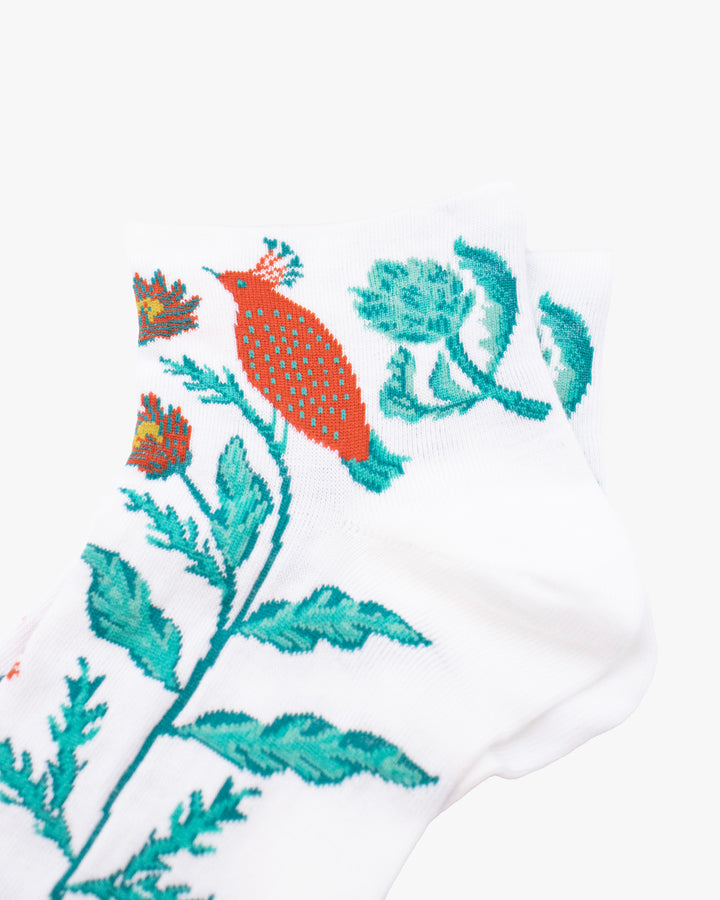 Debby Co. Crew Socks, Andeotte Collection, White Floral with Bird