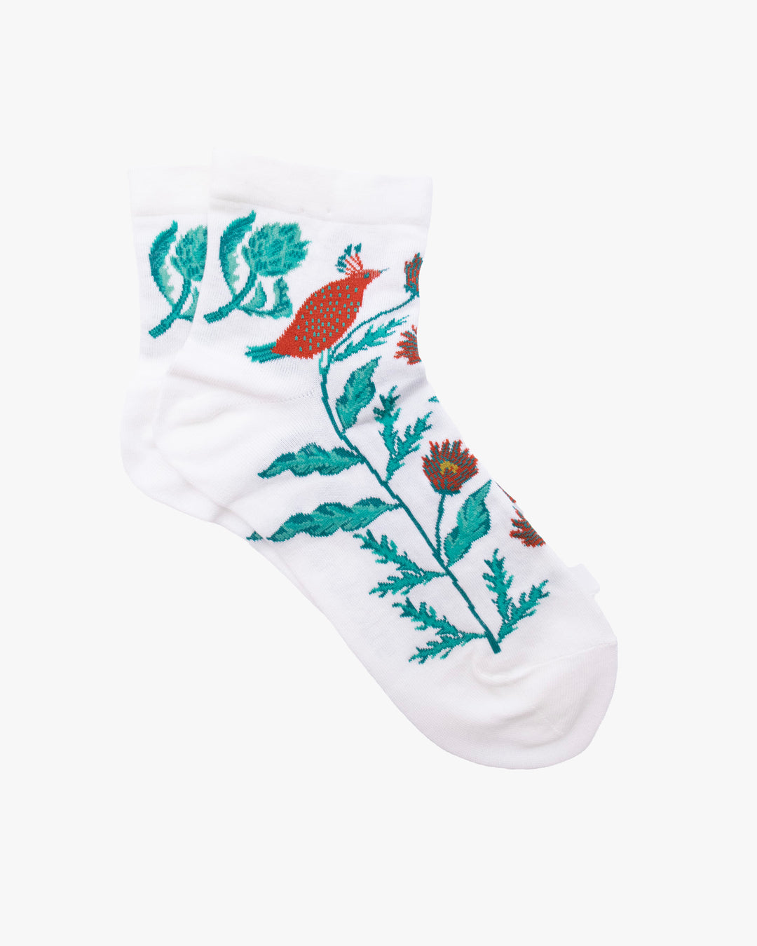 Debby Co. Crew Socks, Andeotte Collection, White Floral with Bird