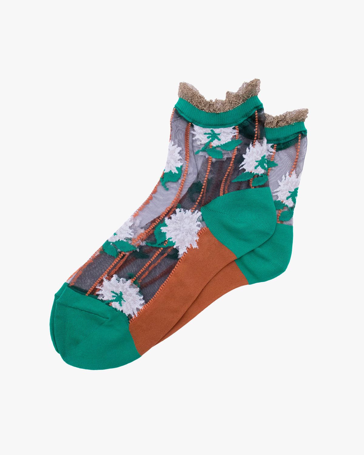 Debby Co. Crew Socks, Andeotte Collection, See Through Brown, Pink and Green Flowers