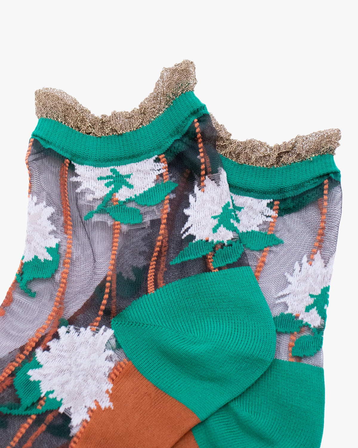Debby Co. Crew Socks, Andeotte Collection, See Through Brown, Pink and Green Flowers