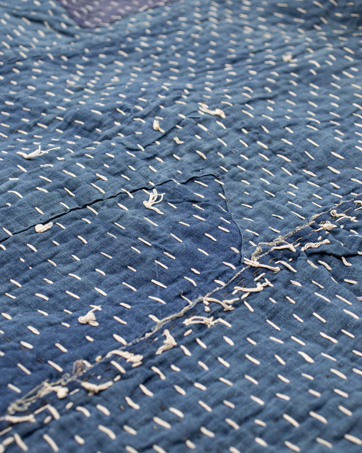 Vintage Boro Blanket, Indigo Patchwork and Warm Gray Plaid