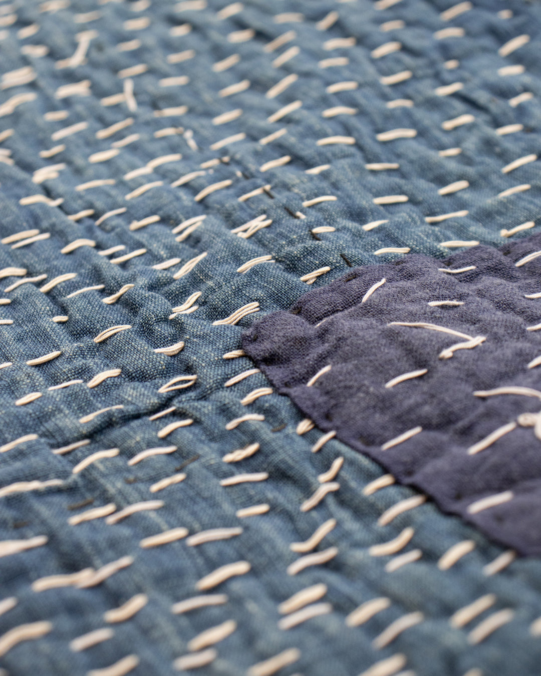Vintage Boro Blanket, Indigo Patchwork and Warm Gray Plaid