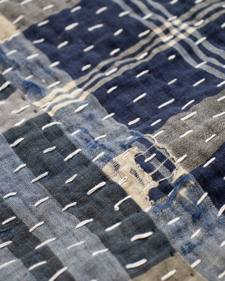 Vintage Boro Blanket, Indigo Patchwork and Warm Gray Plaid