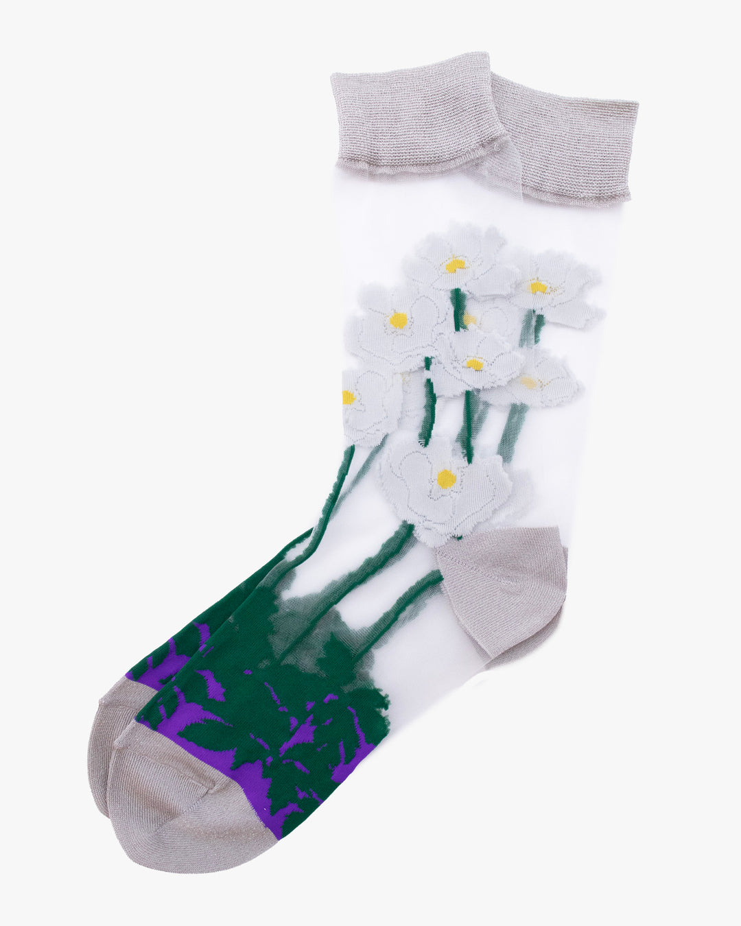 Debby Co. Crew Socks, Andeotte Collection,  See Through White and Purple Flower