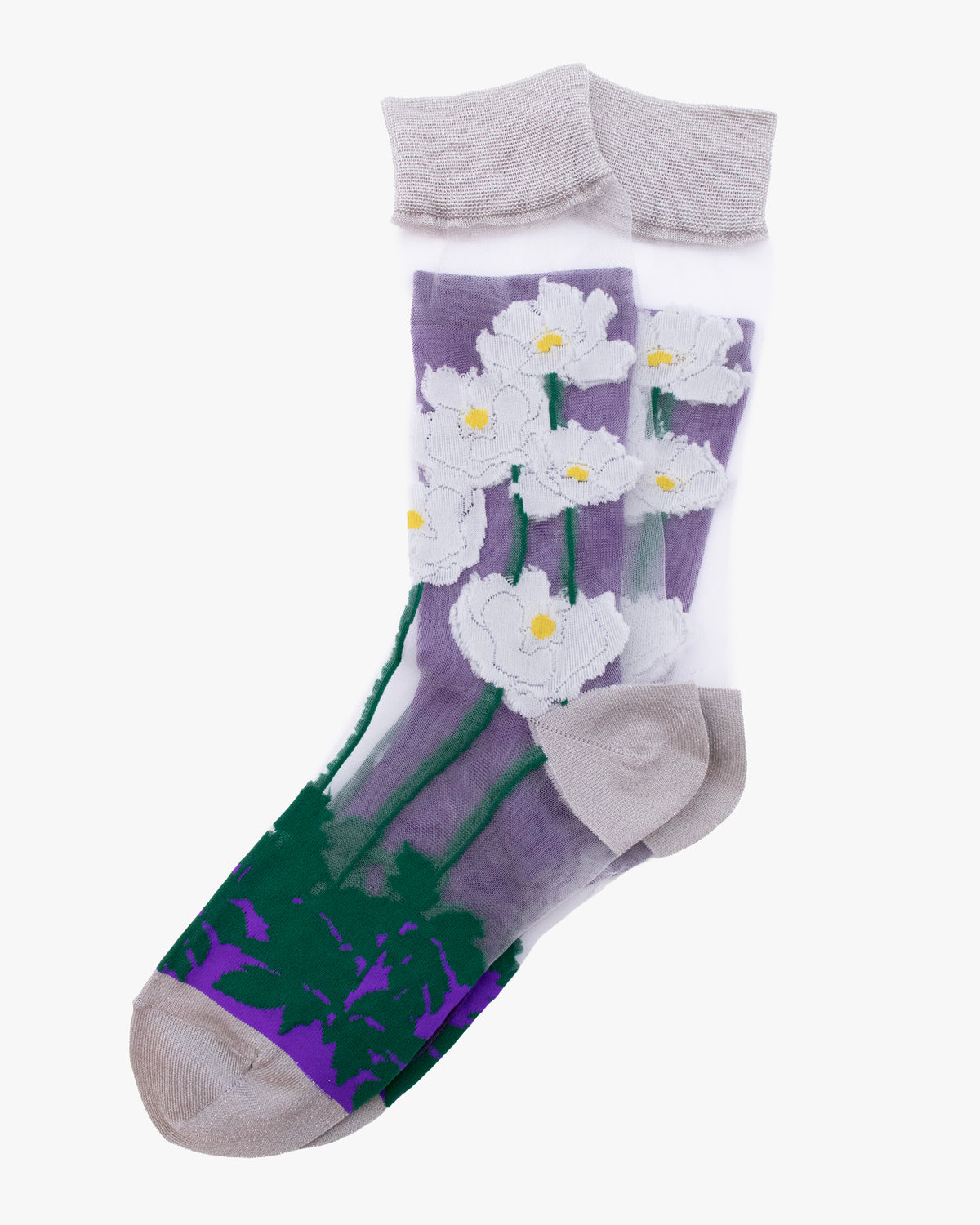 Debby Co. Crew Socks, Andeotte Collection,  See Through White and Purple Flower