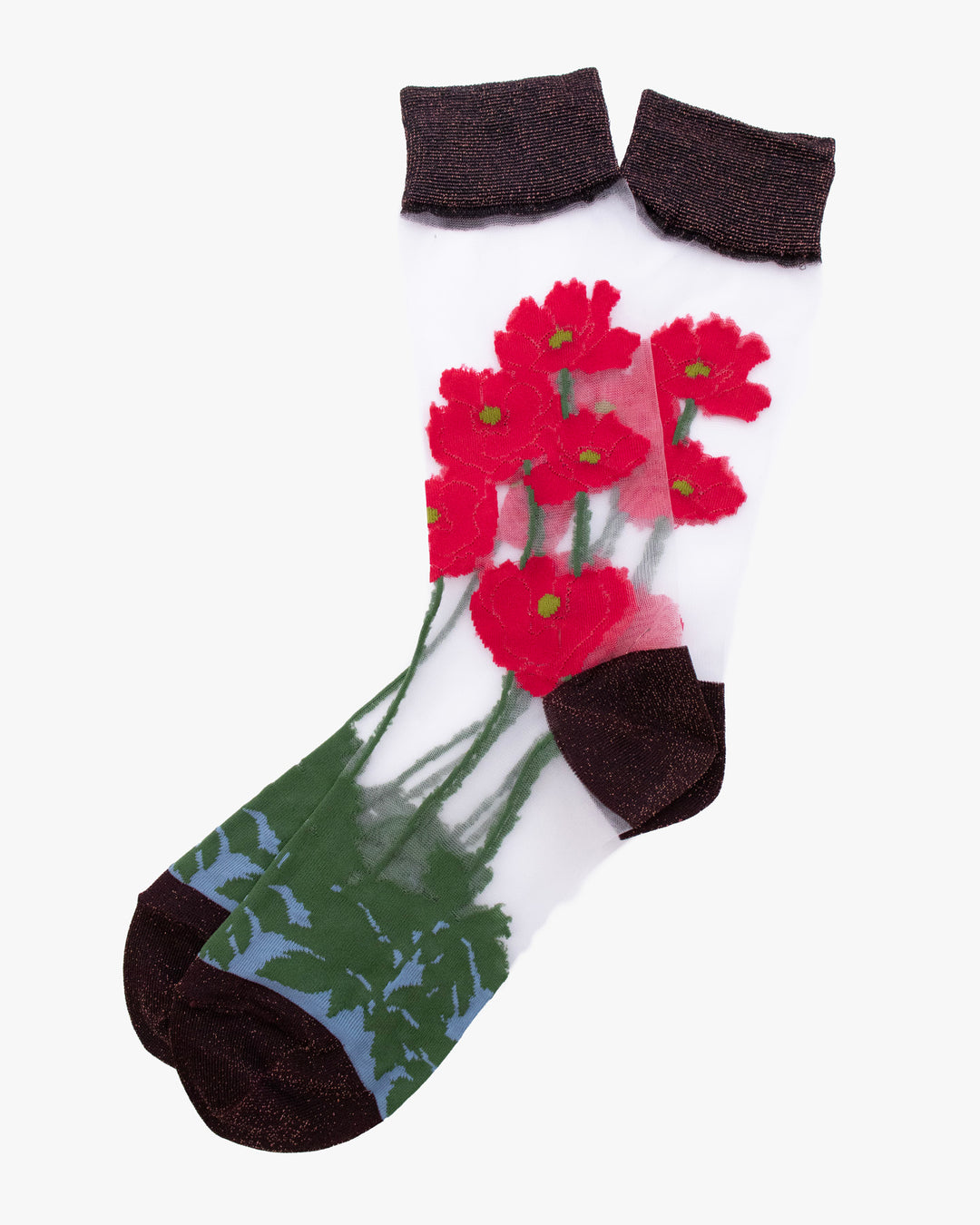 Debby Co. Crew Socks, Andeotte Collection,  See Through Red and Grey Flowers