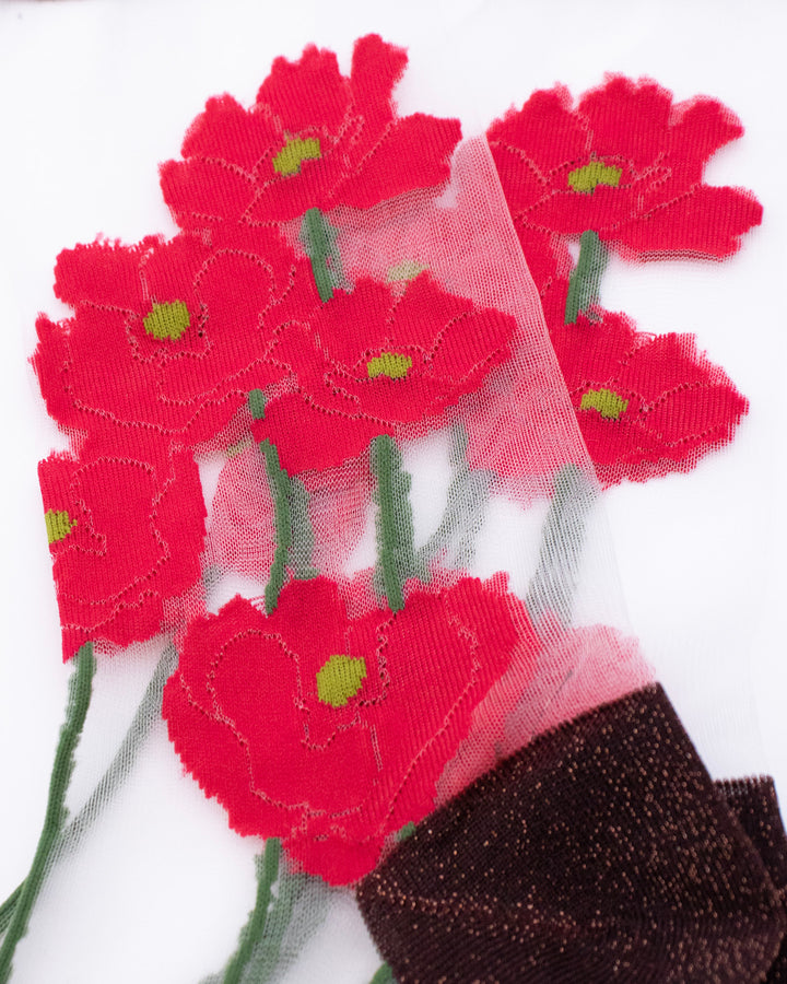 Debby Co. Crew Socks, Andeotte Collection,  See Through Red and Grey Flowers