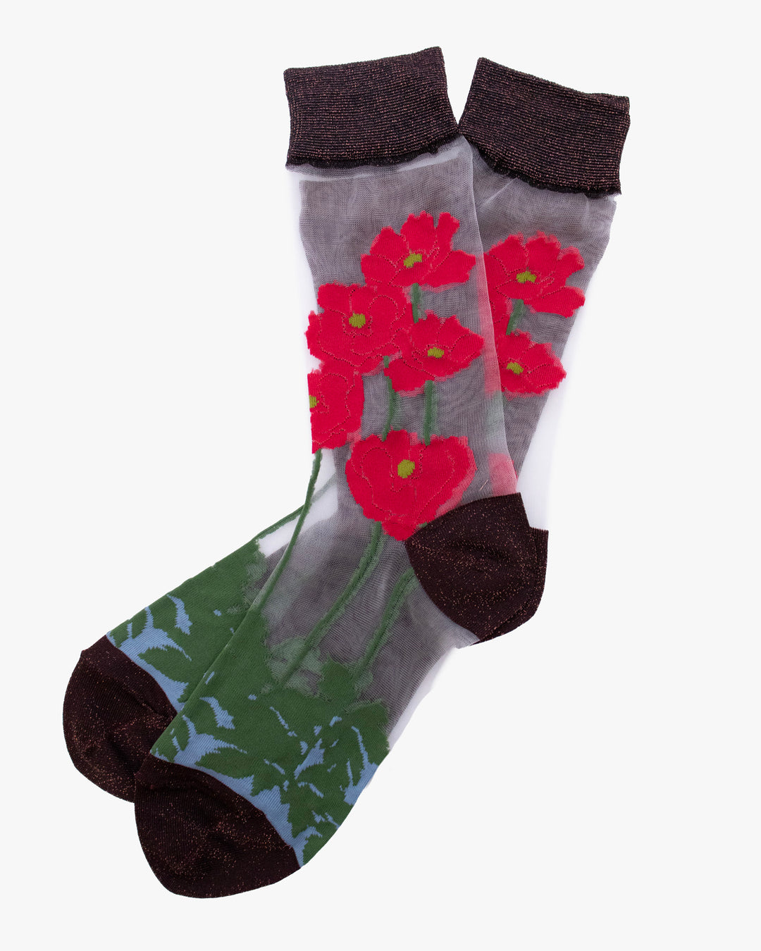 Debby Co. Crew Socks, Andeotte Collection,  See Through Red and Grey Flowers