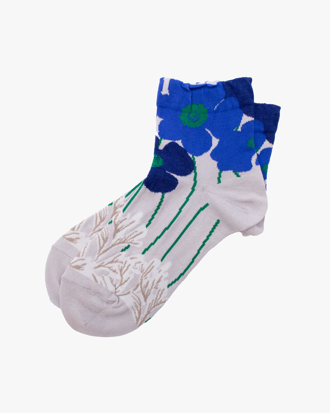 Debby Co. Crew Socks, Andeotte Collection,  Light Grey with Blue and Green Flowers