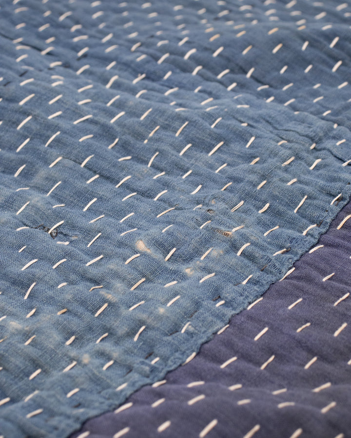 Vintage Boro Blanket, Indigo Patchwork and Muted Gray and Yellow Plaid