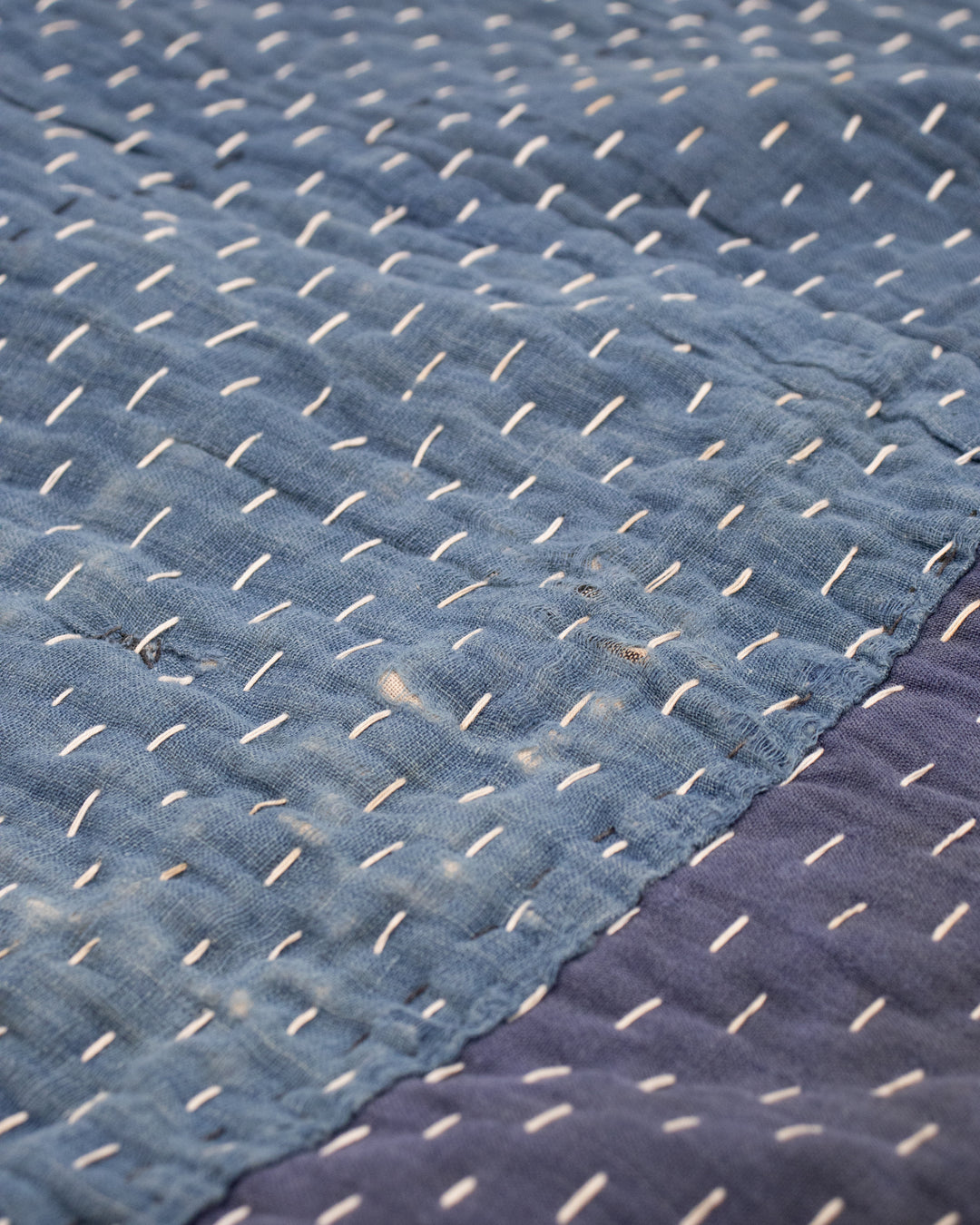 Vintage Boro Blanket, Indigo Patchwork and Muted Gray and Yellow Plaid