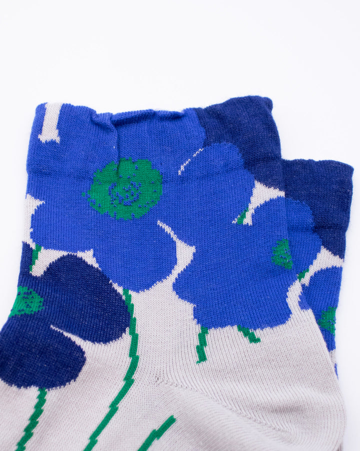 Debby Co. Crew Socks, Andeotte Collection,  Light Grey with Blue and Green Flowers