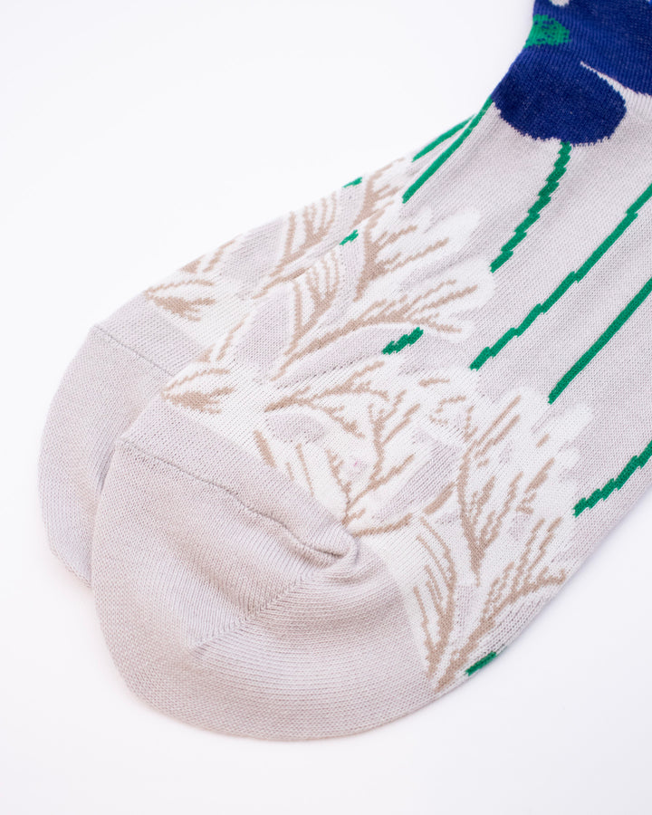 Debby Co. Crew Socks, Andeotte Collection,  Light Grey with Blue and Green Flowers