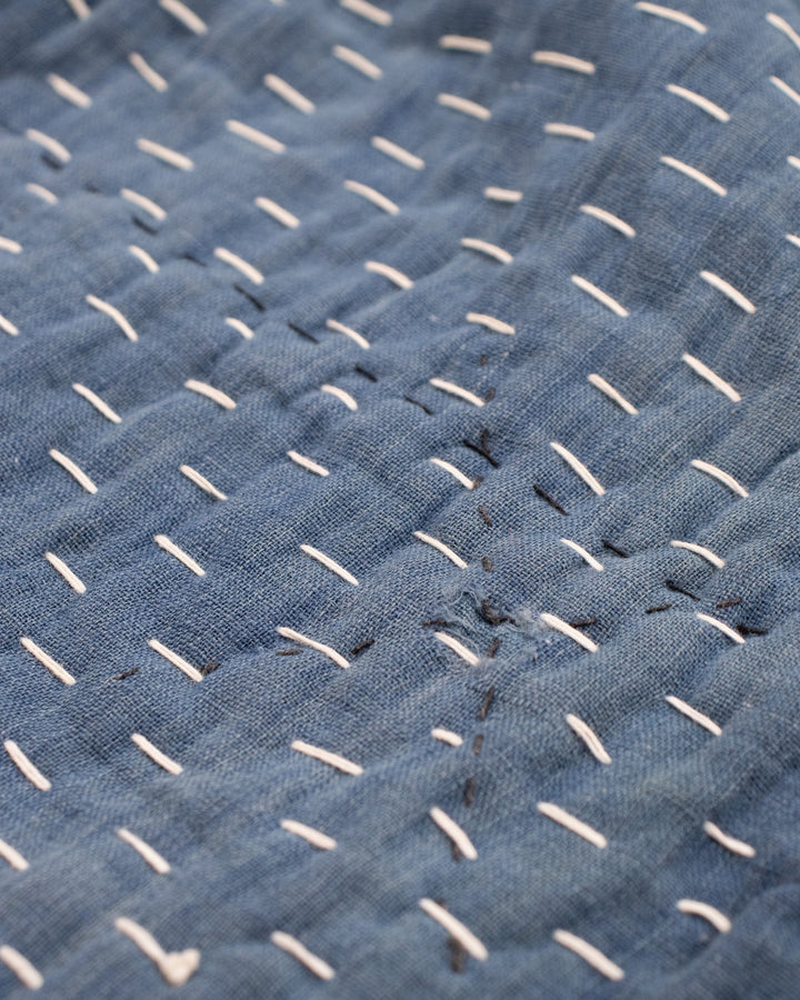 Vintage Boro Blanket, Indigo Patchwork and Muted Gray and Yellow Plaid