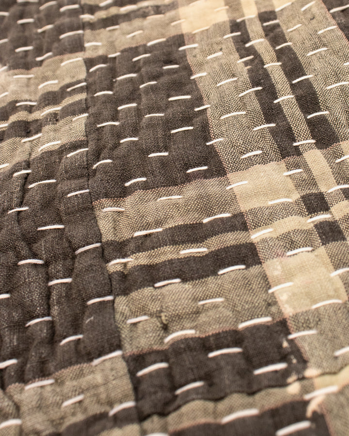 Vintage Boro Blanket, Indigo Patchwork and Muted Gray and Yellow Plaid