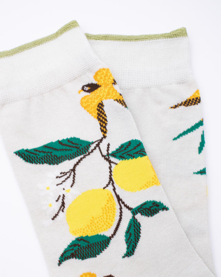 Debby Co. Crew Socks, Andeotte Collection,  Light Grey with Lemons and Birds