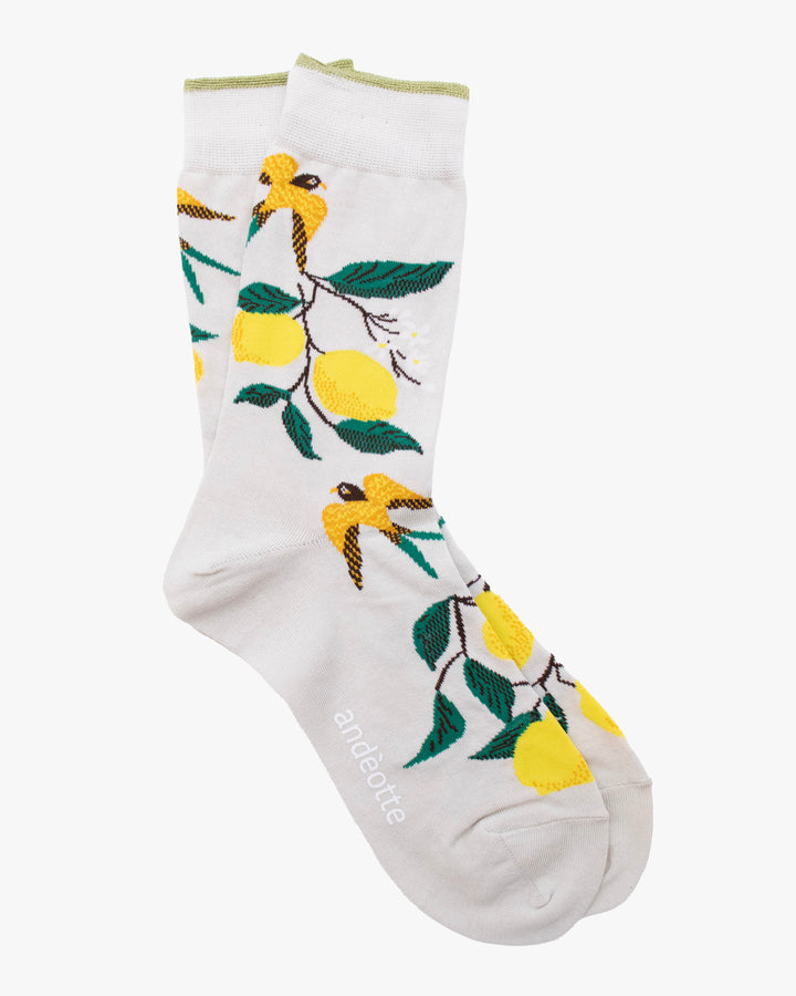 Debby Co. Crew Socks, Andeotte Collection,  Light Grey with Lemons and Birds