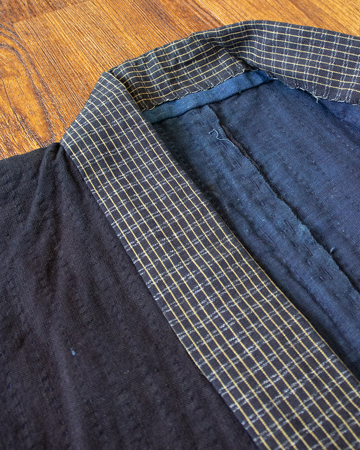 Vintage Noragi Jacket, Fully Sashiko Stitched, Dark Indigo with Yellow Plaid Collar