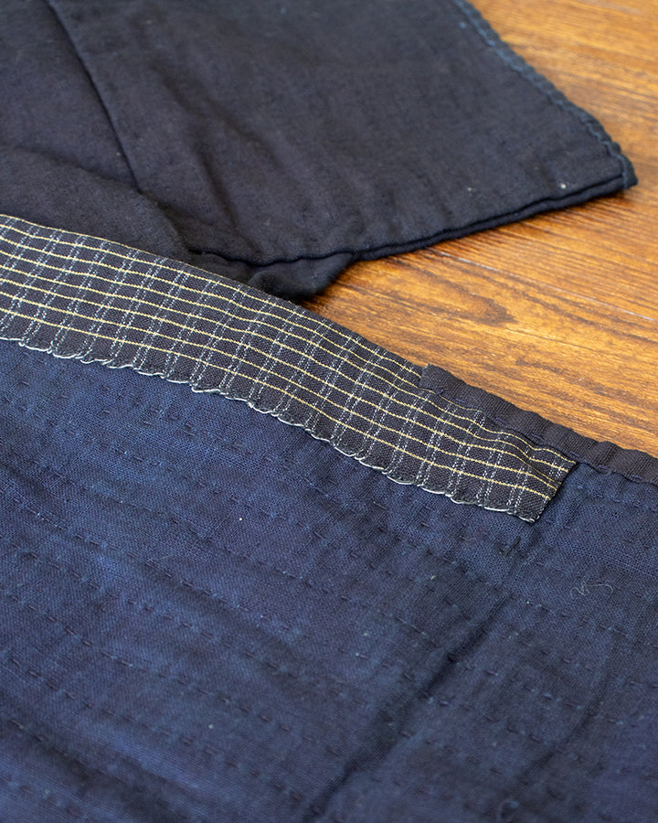Vintage Noragi Jacket, Fully Sashiko Stitched, Dark Indigo with Yellow Plaid Collar