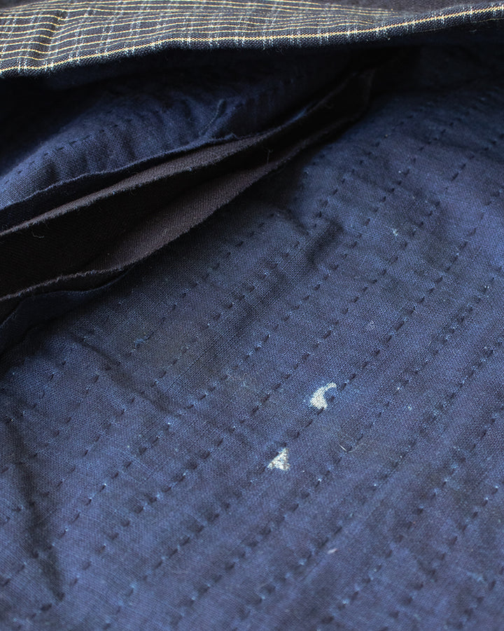 Vintage Noragi Jacket, Fully Sashiko Stitched, Dark Indigo with Yellow Plaid Collar